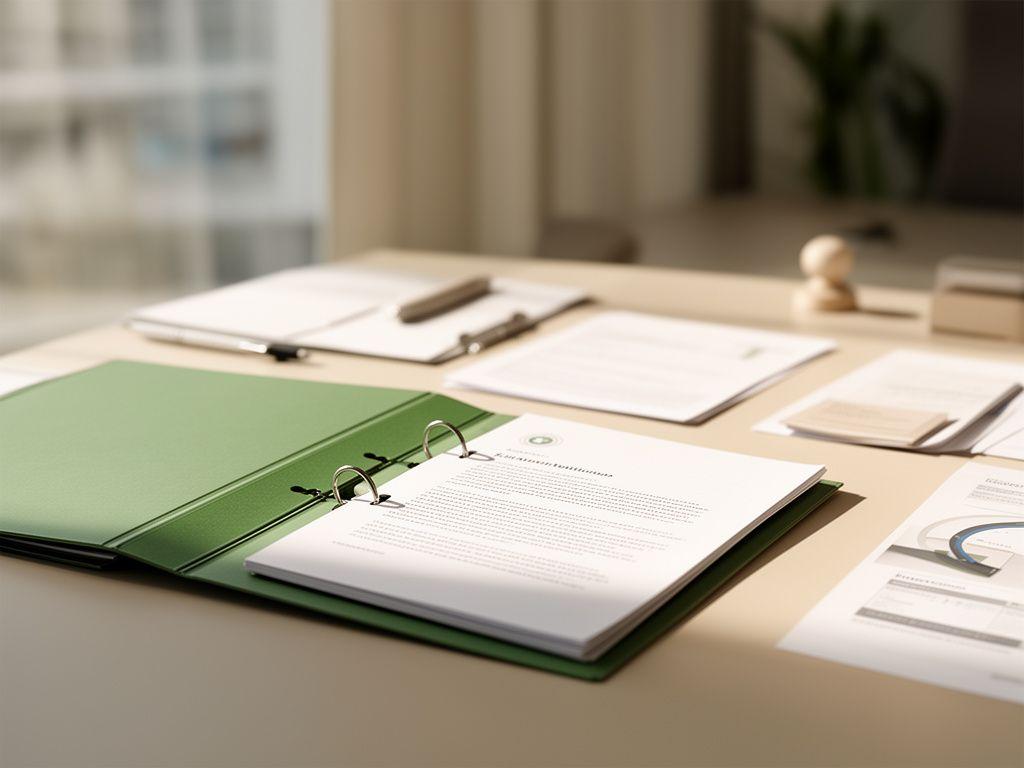 Despacho jurídico moderno con carpeta de documentación, luz natural y una mesa ordenada para revisar avisos de privacidad