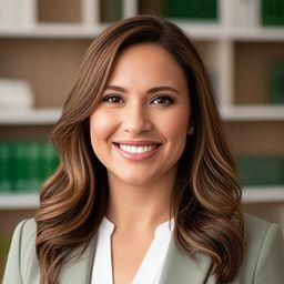 María Gómez sonriendo en un despacho moderno con expedientes organizados y luz natural suave