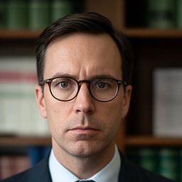 Carlos Ruiz en una biblioteca jurídica revisando un contrato con gafas y expresión concentrada
