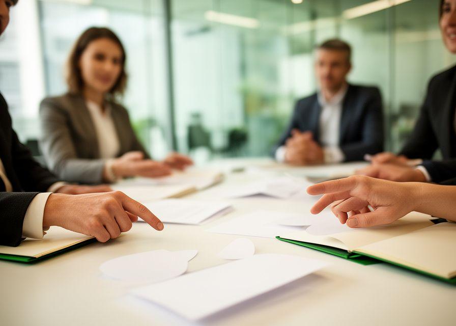 Equipo de abogados en una sala luminosa de reuniones en Tres Cantos revisando documentos legales junto a una mesa de trabajo