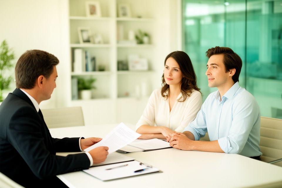 Sala de reuniones luminosa con una abogada revisando documentos jurídicos junto a una pareja de clientes tranquilos